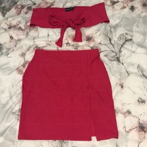 Pink tie front bandeau and skirt set